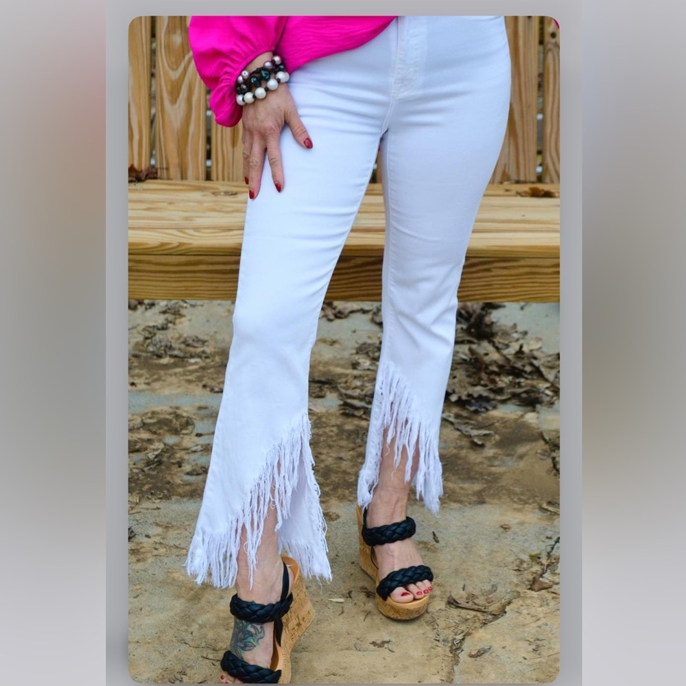 Cello white cropped fringe jeans